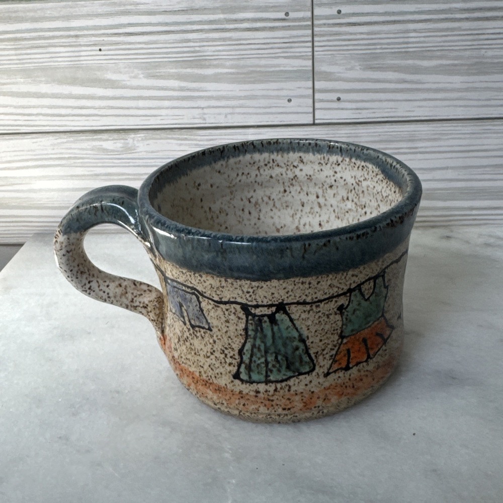 RARE Blue Cream Pottery Laundry Mug Colorful Clothes Line 12oz Coffee Mug Cup